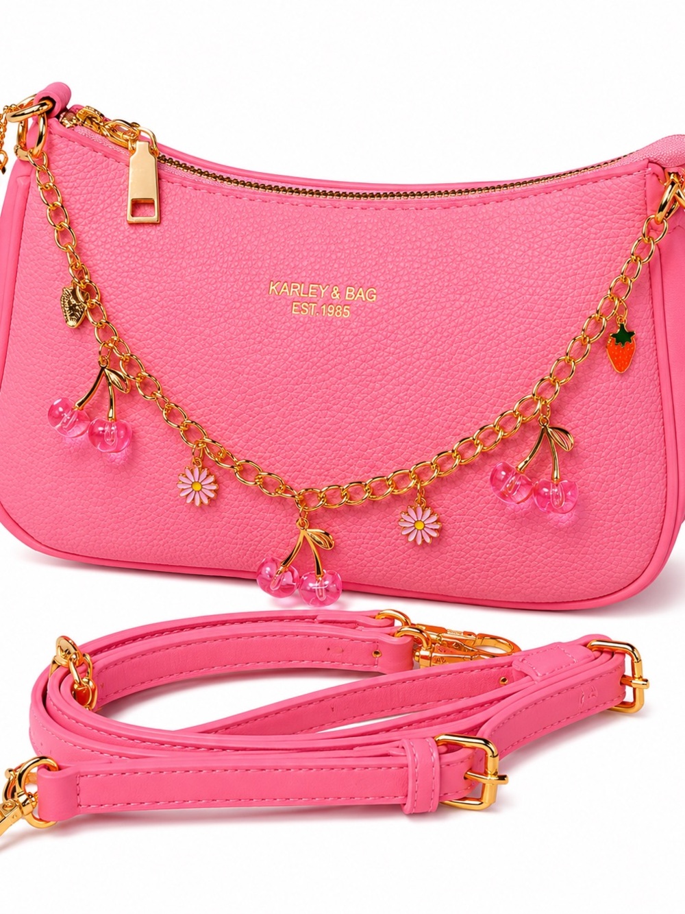 Pink Charm Crossbody Bag with Gold Chain Accents